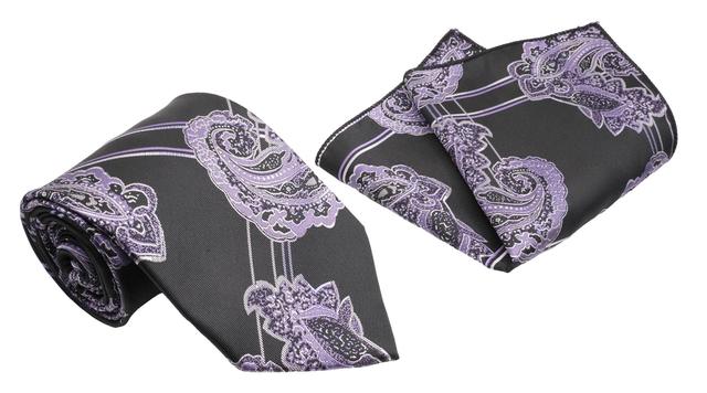 Black and Violet Paisley Pattern Men's Classic Tie and Pocket Square Set Male Product Image