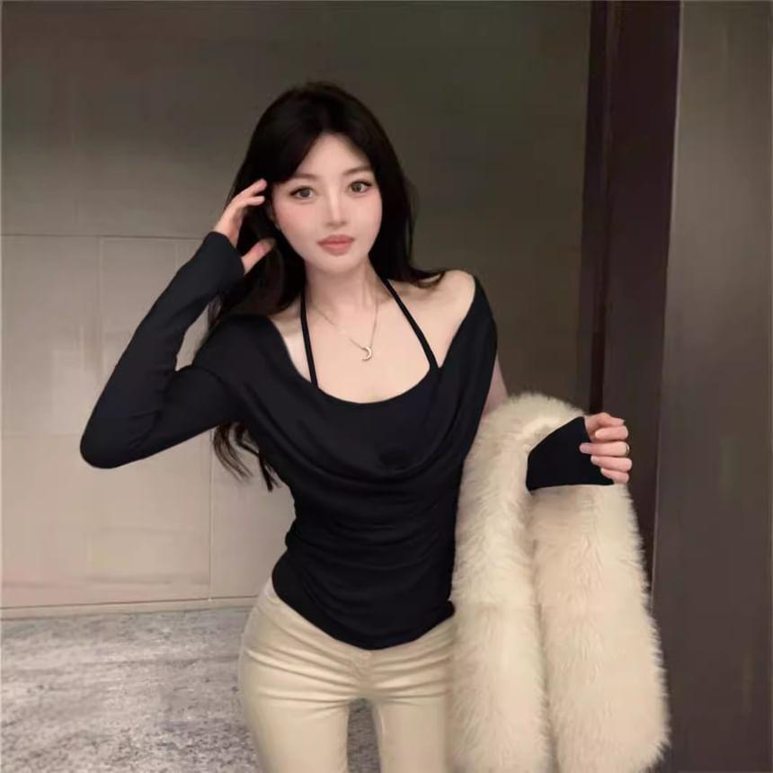 Cold-Shoulder Long-Sleeve Plain Shawl Collar T-Shirt Product Image