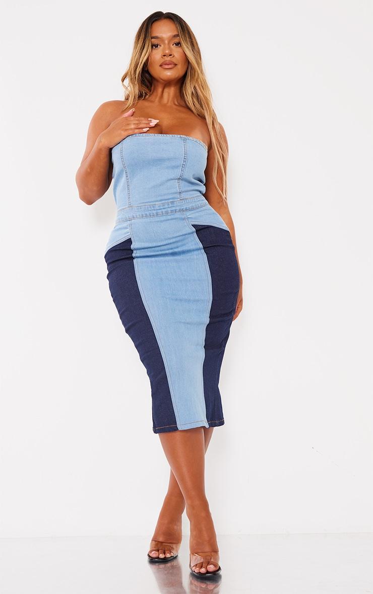  Shape Vintage Wash Contrast Denim Midi Dress Product Image