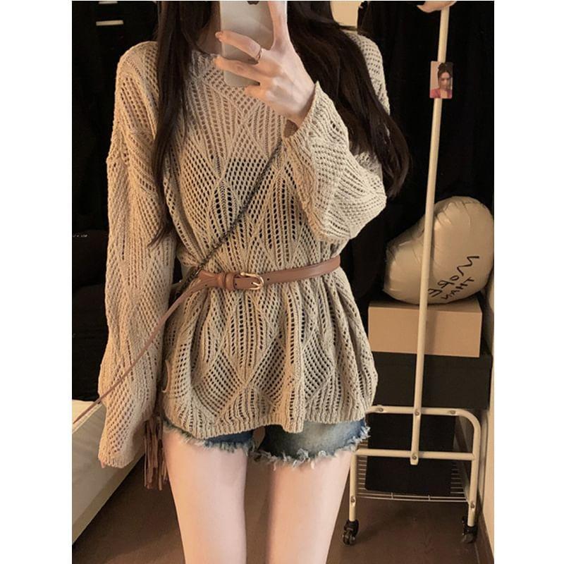 Long-Sleeve Round Neck Plain Pointelle Knit Top Product Image