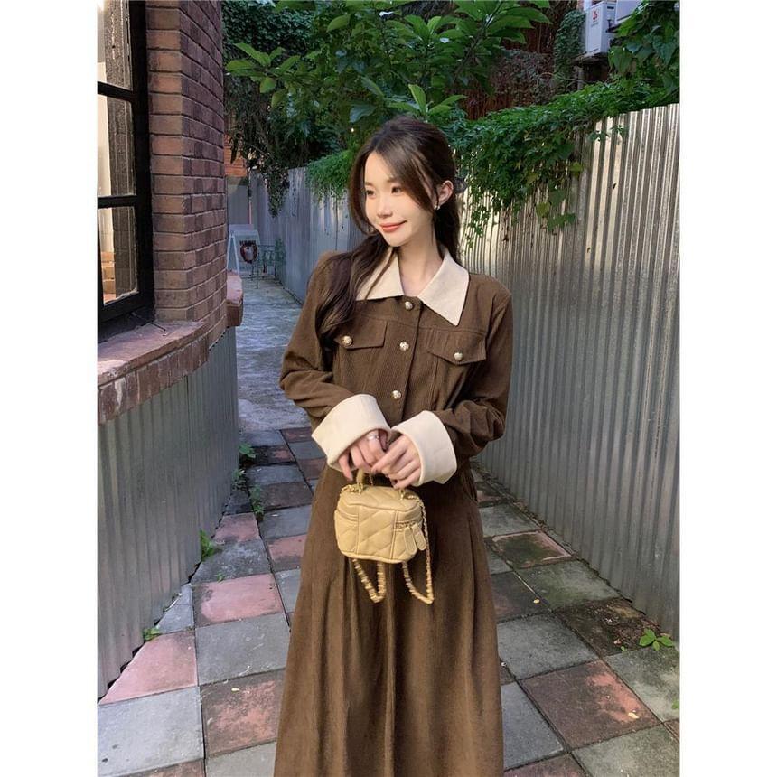 Collared Contrast Trim Button-Up Corduroy Crop Jacket / High Rise Plain Pleated Midi A-Line Skirt Product Image