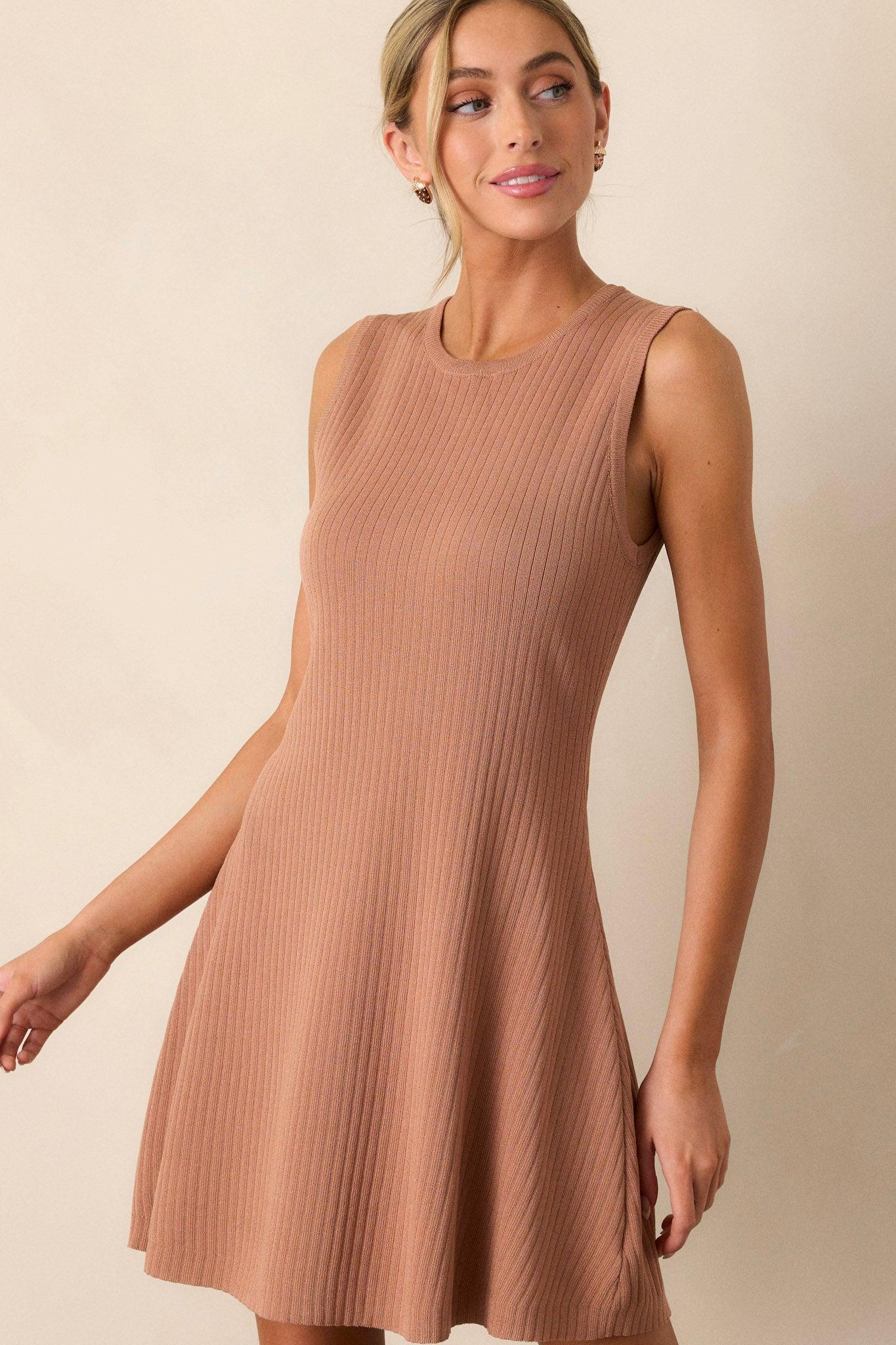 Simple Vibes Camel Brown Ribbed Knit Mini Dress Product Image