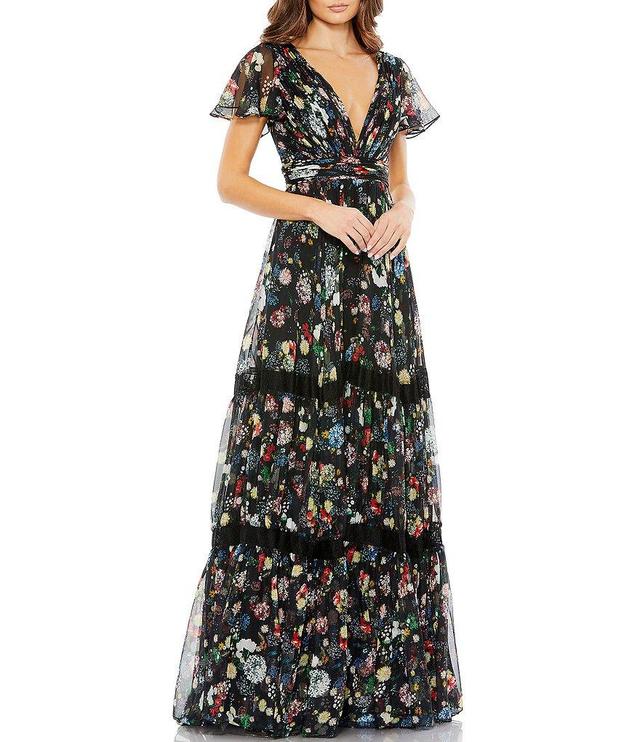 Mac Duggal Floral Print Short Flutter Sleeve Plunge V-Neck Pleated Tiered A-Line Gown Product Image