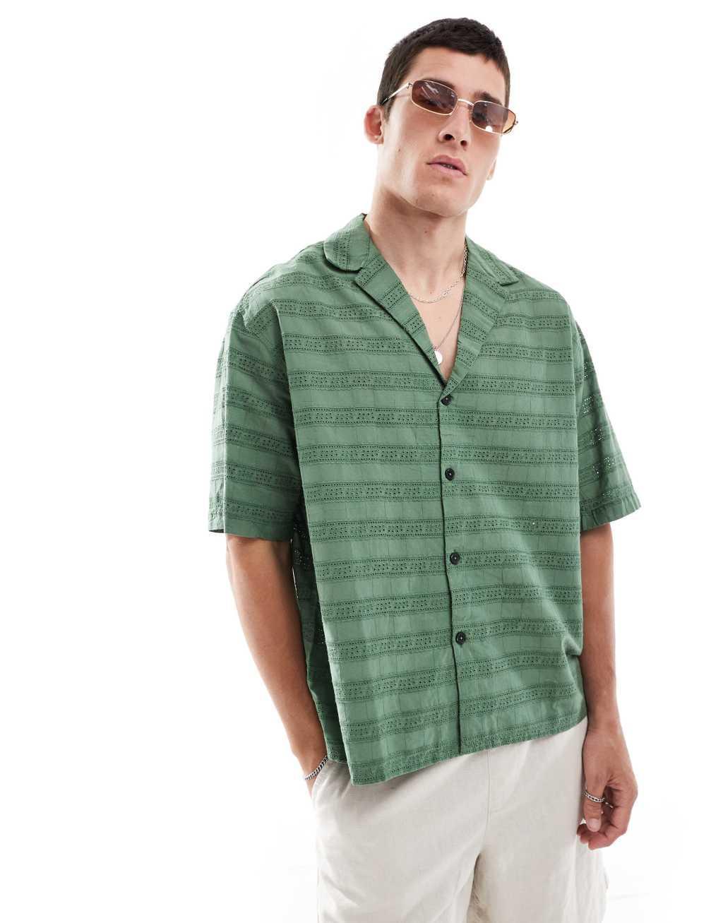 ASOS DESIGN short sleeve boxy oversized revere collar broderie shirt in dark green Product Image