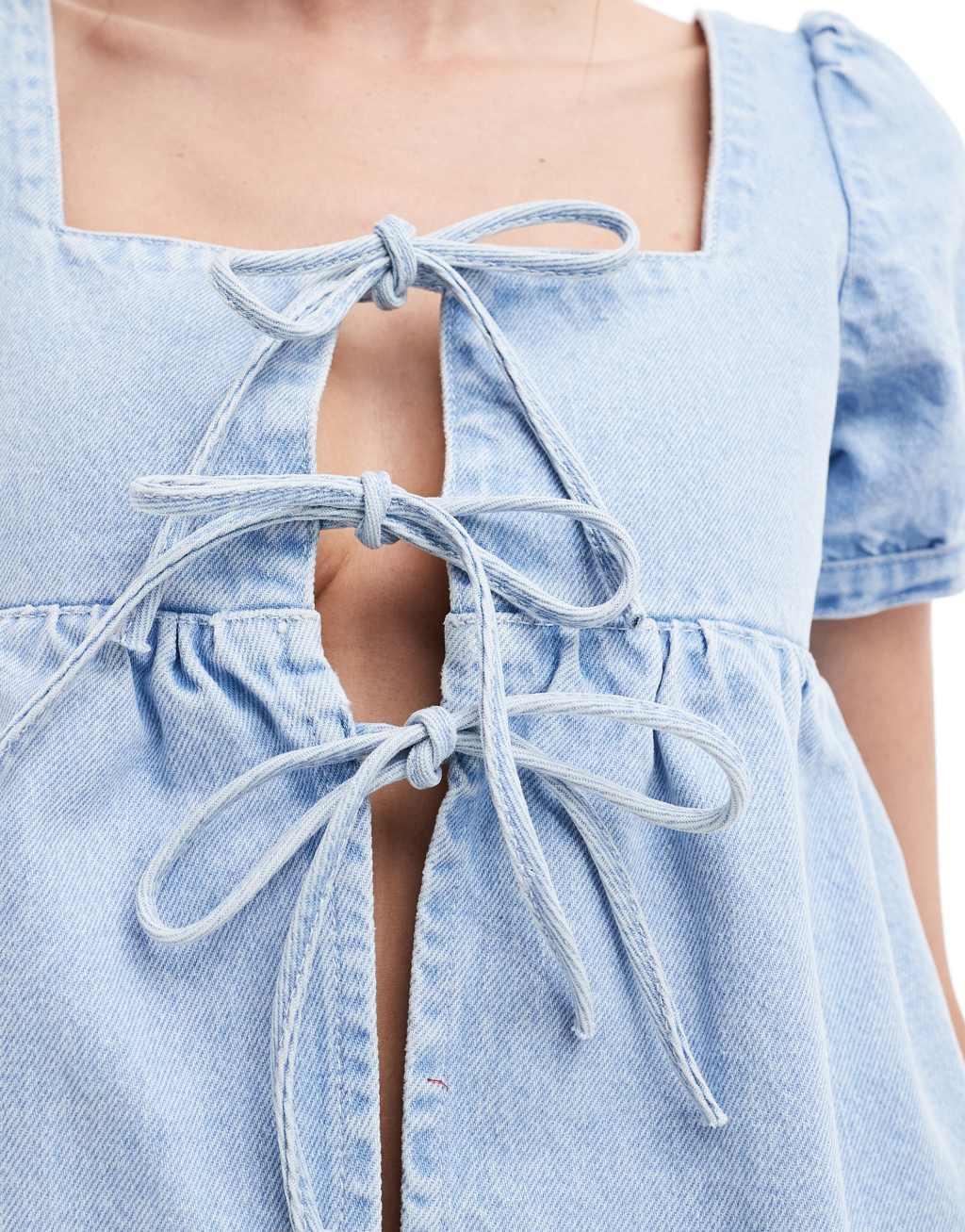 ASOS DESIGN denim babydoll top in mid blue Product Image