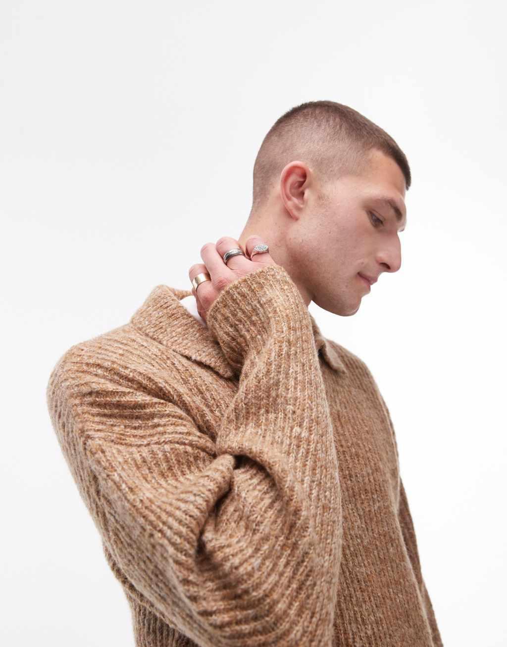 Topman relaxed open collar sweater in oatmeal Product Image