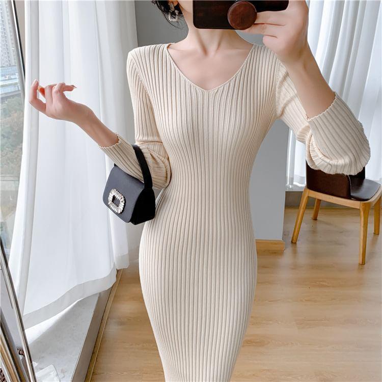 Long-Sleeve V-Neck Plain Ribbed Midi Sheath Knit Dress Product Image