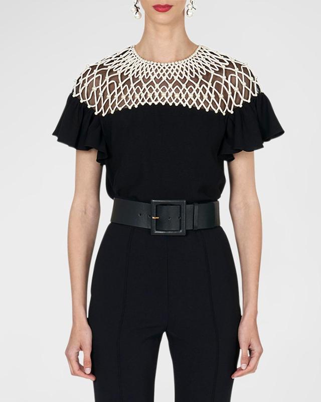 Embellished Lattice Yoke Crewneck Top Product Image