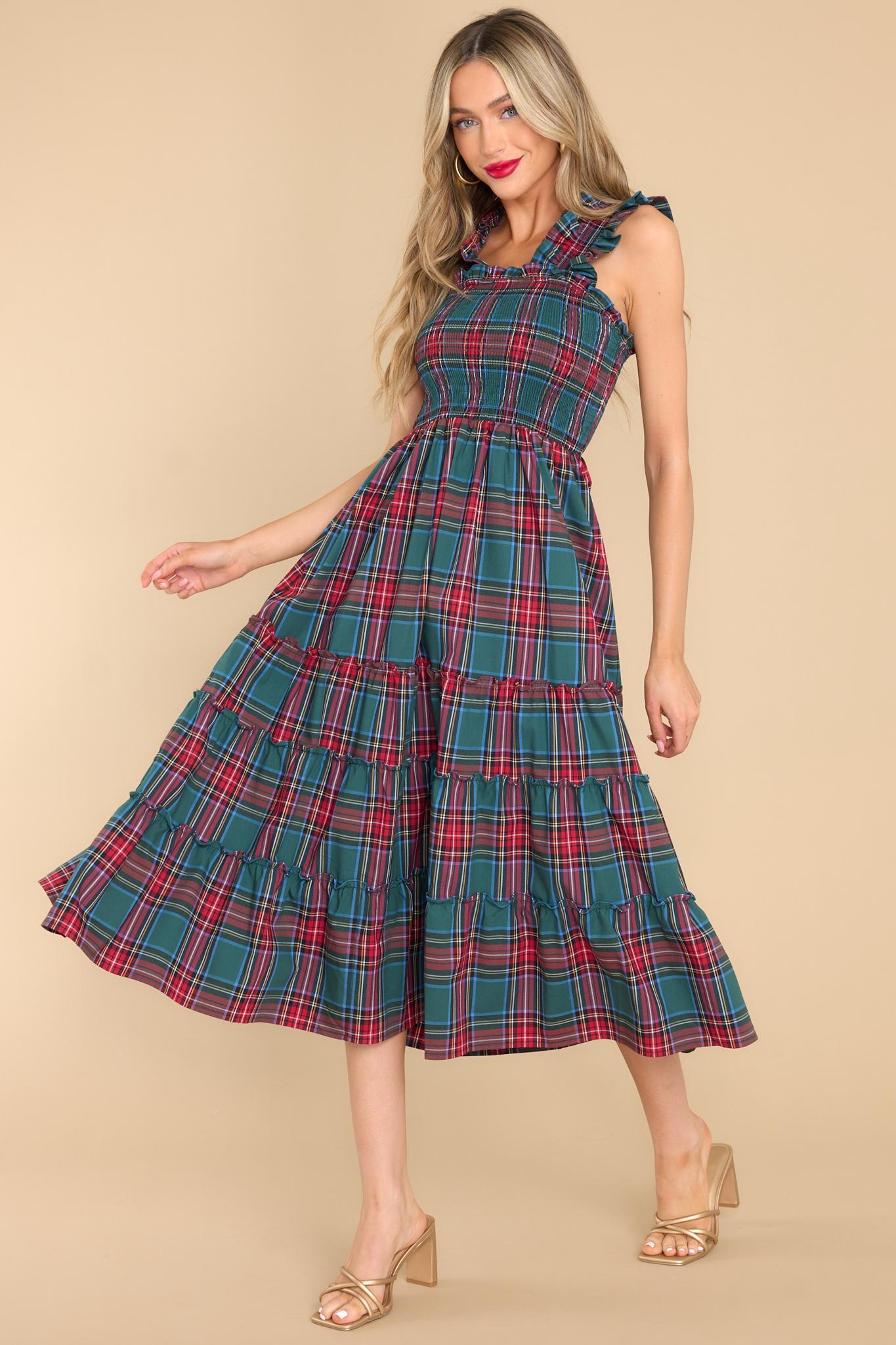 Aura Pride And Joy Green Plaid Midi Dress Product Image