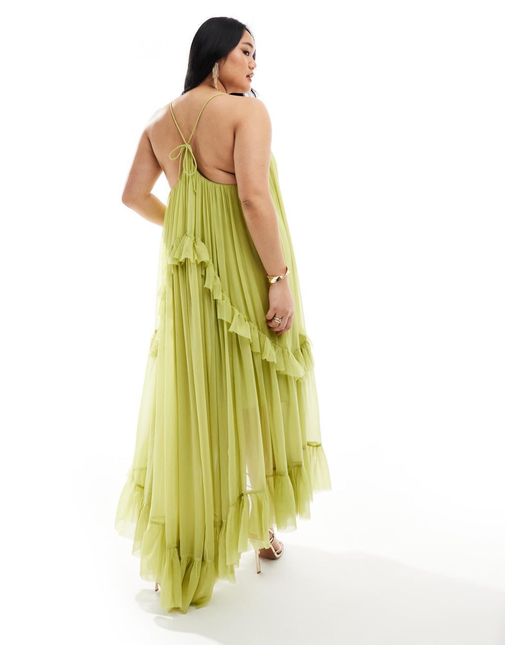 ASOS DESIGN Curve scoop neck trapeze maxi dress with frill in olive green Product Image