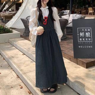 Sleeveless Denim Maxi A-Line Dress / Long-Sleeve Plain Blouse Product Image