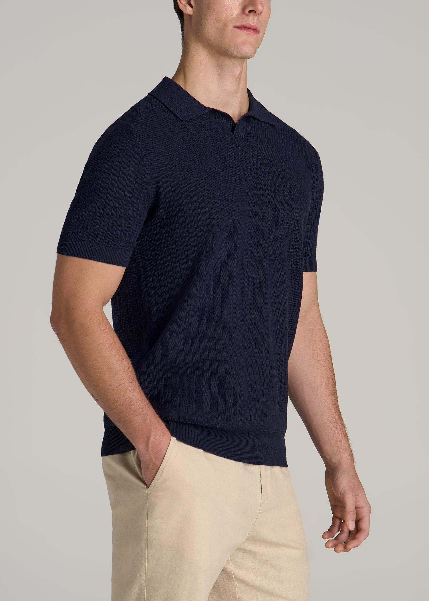 Linen Blend Ribbed Knit Polo Shirt for Tall Men in Stone Male Product Image