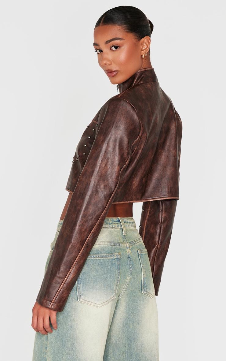 Brown Faux Leather Studded Cropped Jacket Product Image