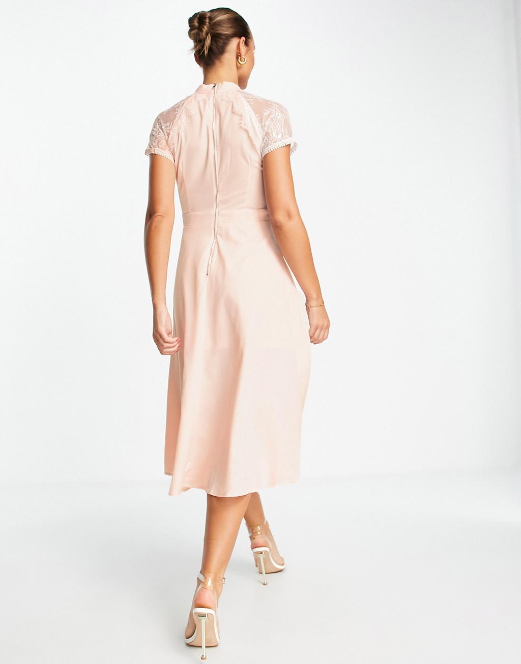 Liquorish a line lace detail midi dress in pale pink Product Image