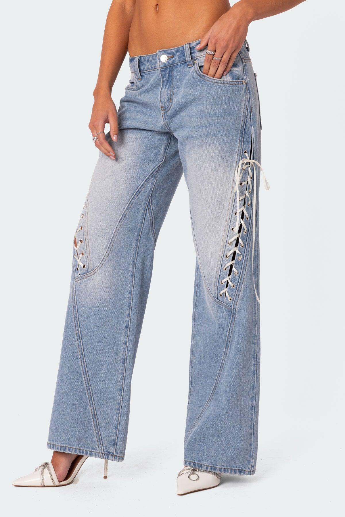 Low Rise Ribbon Lace Up Jeans Product Image