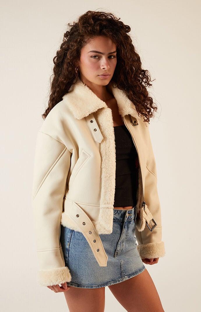 Women's Sherpa Faux Leather Bomber Jacket Product Image