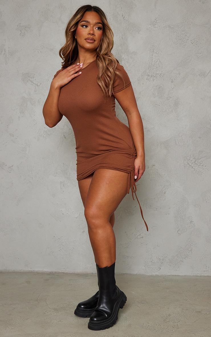 Shape Chocolate Brown Rib Short Sleeve Ruched Side Bodycon Dress Product Image