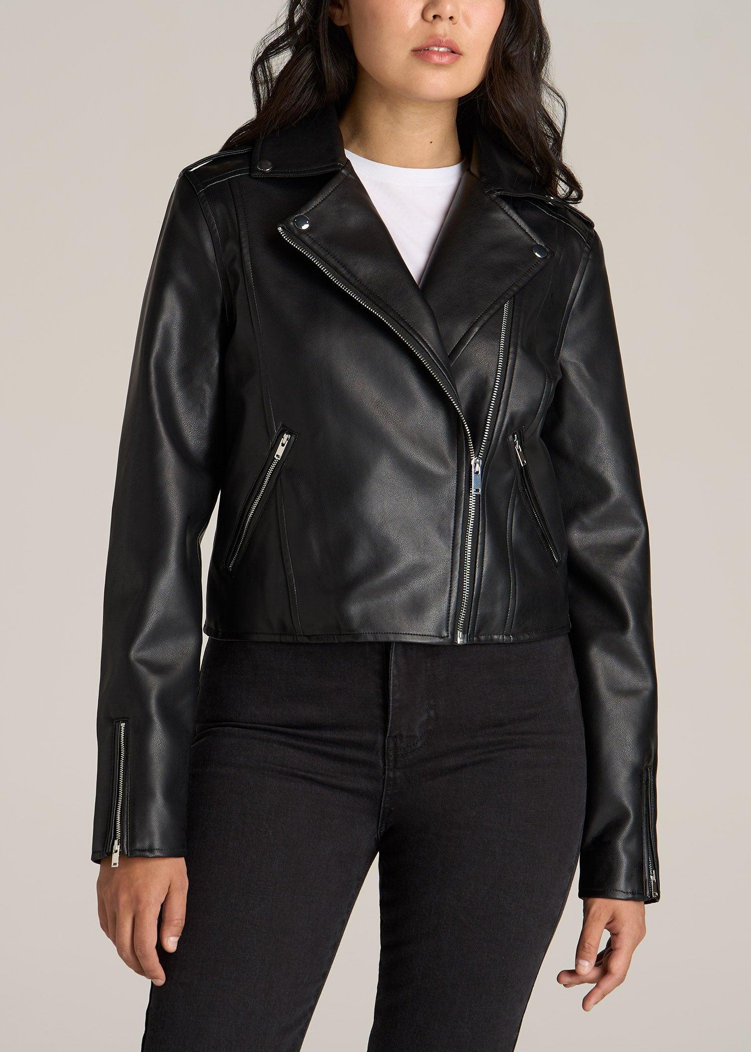 Cropped Faux Leather Moto Jacket for Tall Women in Black Product Image