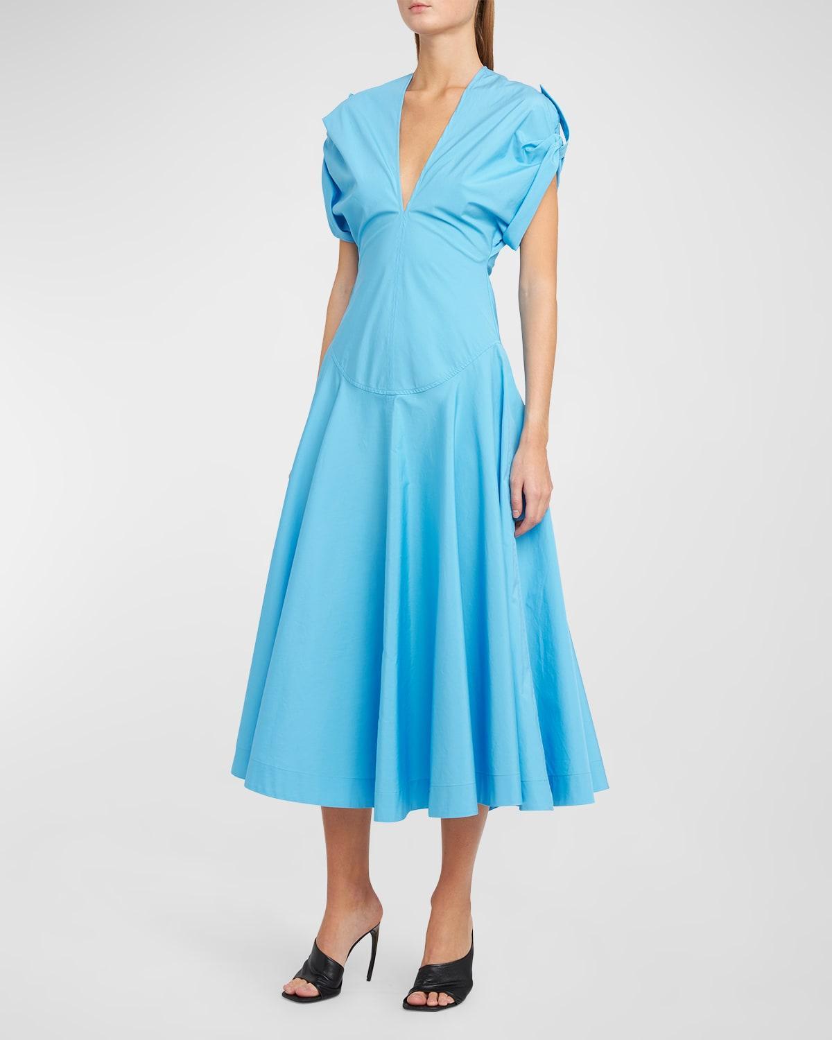 Plunging Cap-Sleeve Organic Poplin Midi Dress Product Image