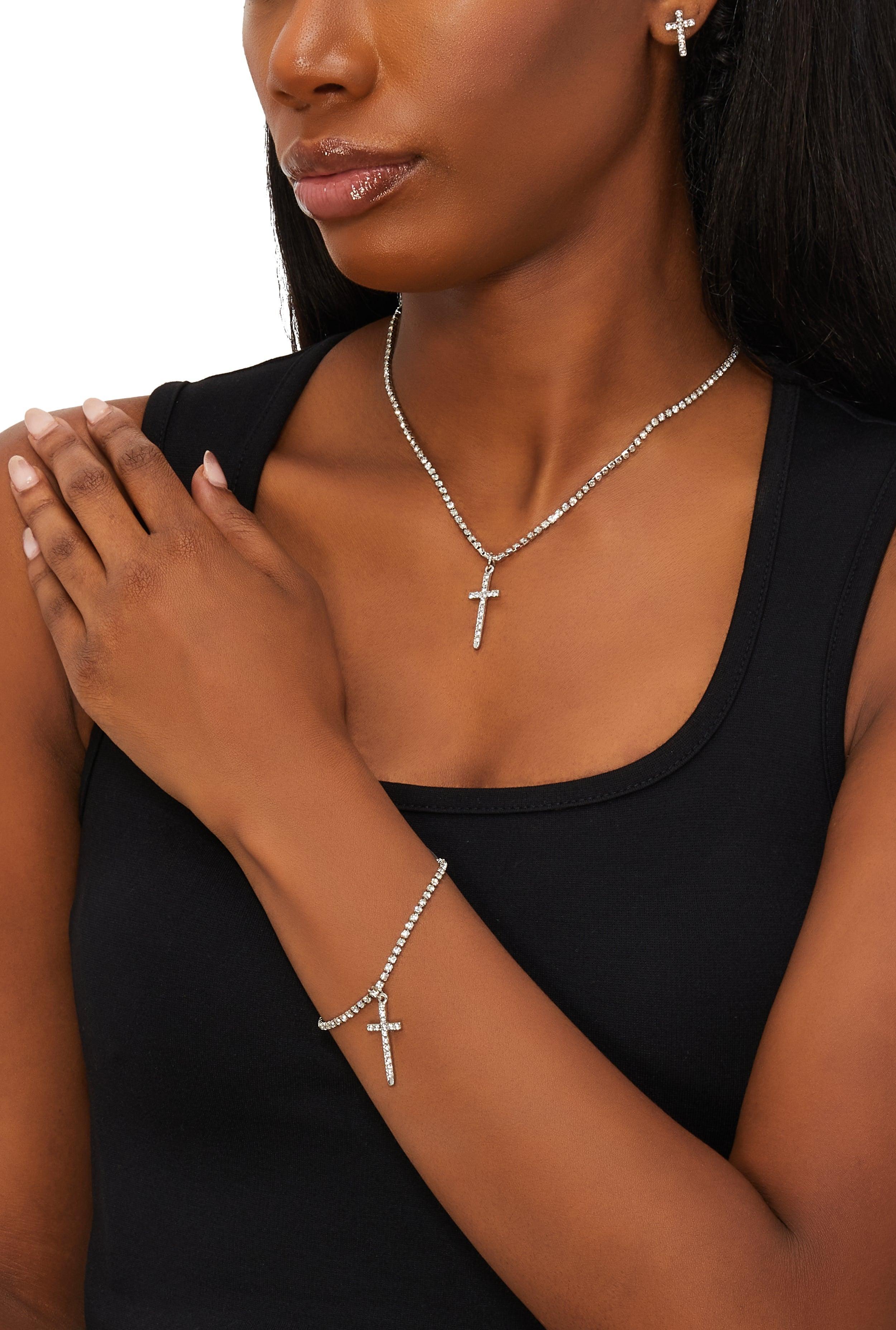 Rhinestone Cross Necklace with Bracelet and Stud Earrings Female Product Image