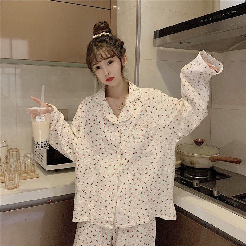 Pajama Set: Cherry Print Long-Sleeve Top + Pants Product Image