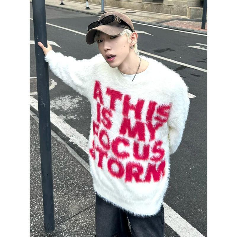 Crew Neck Lettering Print Fluffy Sweater Product Image