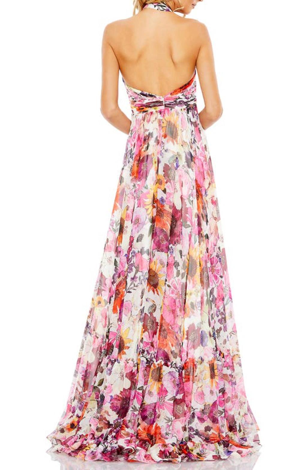 Asymmetrical Ruffled Halter Floral Gown In White Multi Product Image