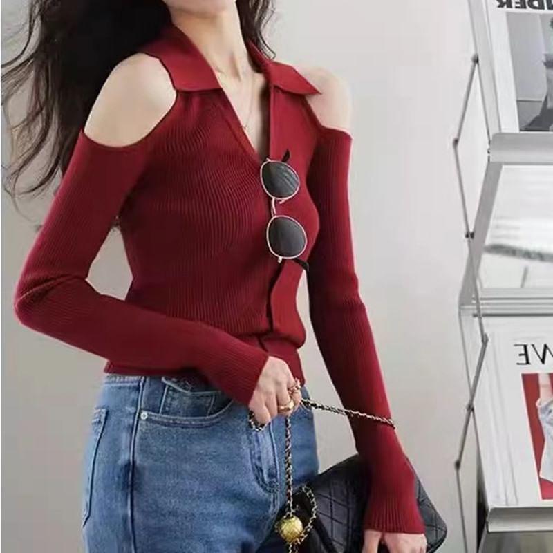 Cold-Shoulder Long Sleeve Plain Ribbed Collared Button-Up Knit Top Product Image