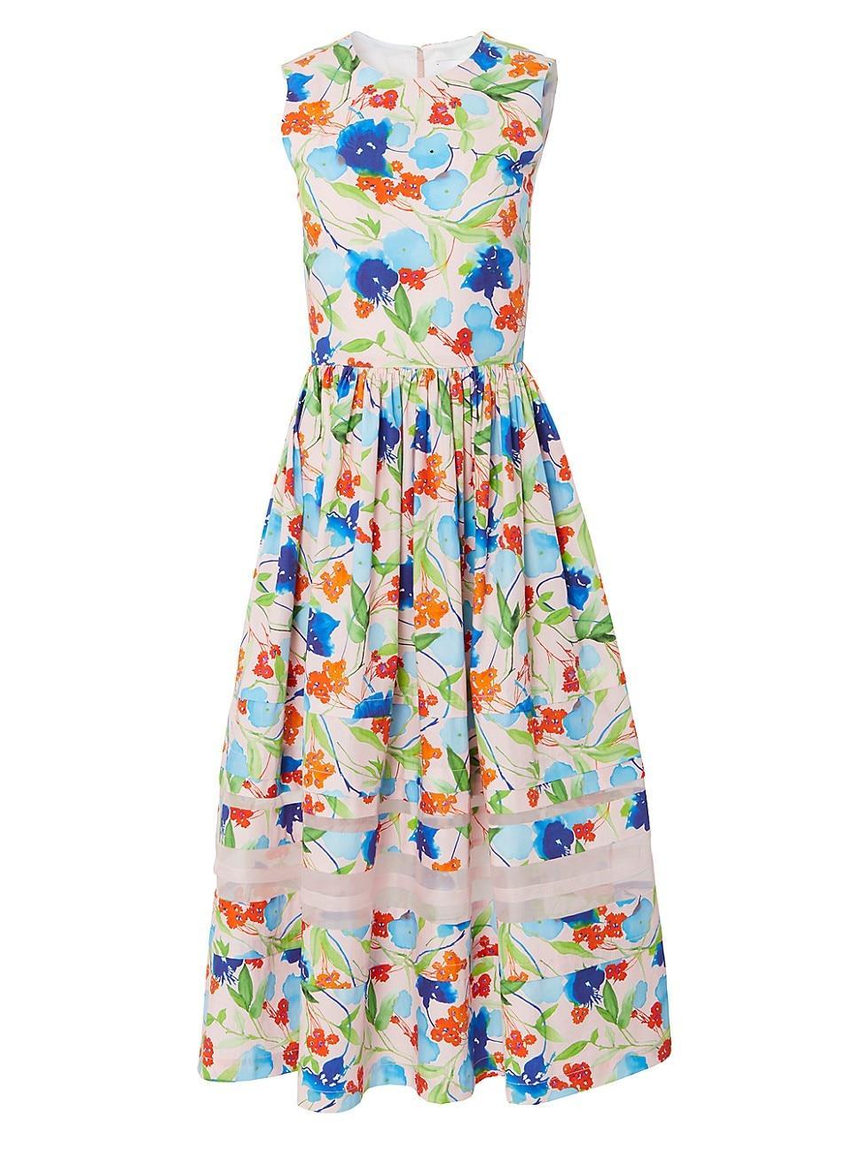 Carolina Herrera Floral Organza Inset Cotton A-Line Dress Product Image