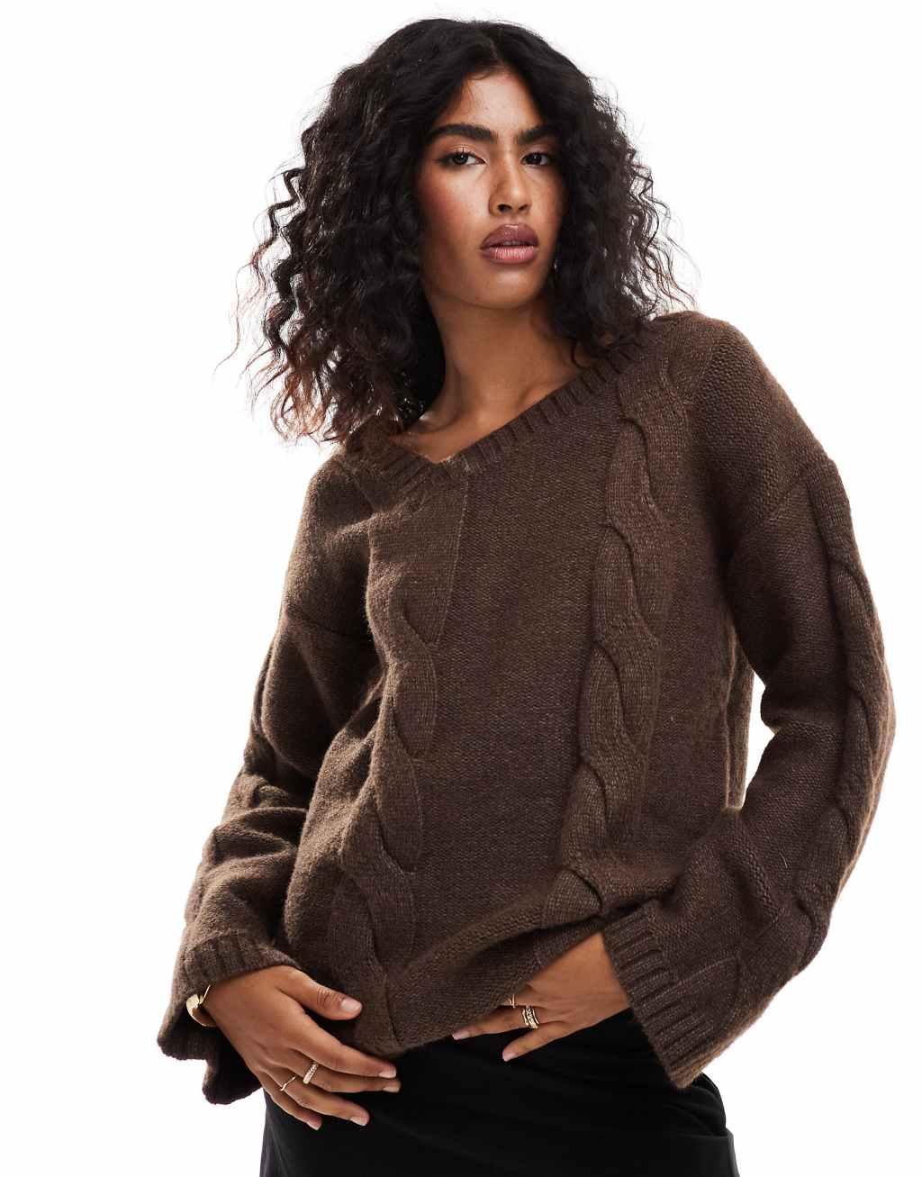 SNDYS premium asymmetric v neck cable knit sweater in mocha Product Image