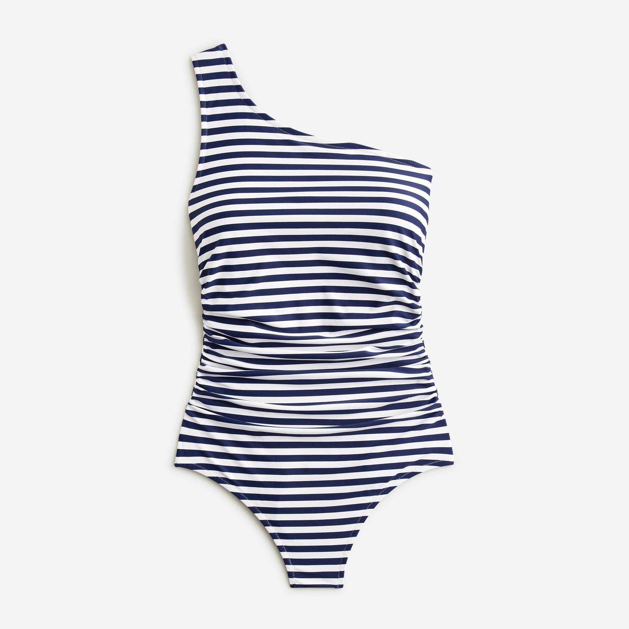 Sleek ruched one-shoulder one-piece in stripe Product Image