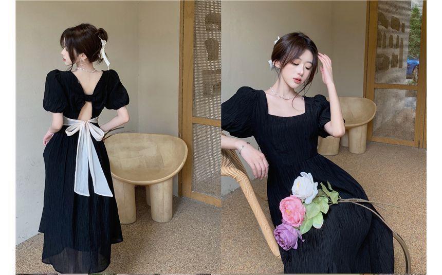 Short-Sleeve Ribbon Back Plain Midi A-Line Dress Product Image