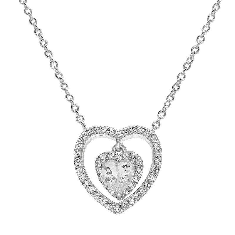 PRIMROSE Cubic Zirconia Sterling Silver Heart Halo Pendant Necklace, Womens, Grey Product Image