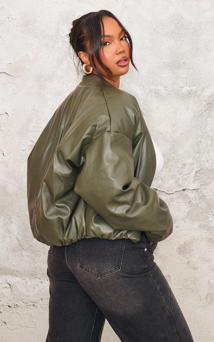 Plus Khaki Faux Leather Oversized Bomber Jacket Product Image