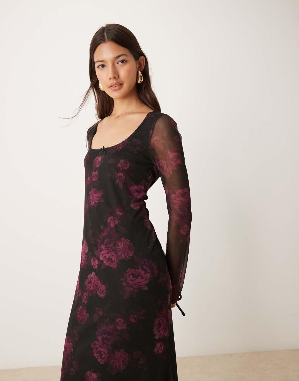 Miss Selfridge floral print long sleeve maxi dress Product Image