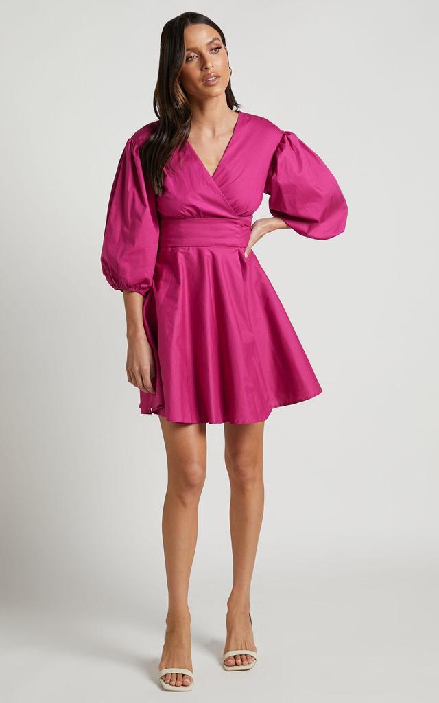 Zyla Mini Dress - Puff Sleeve Wrap Dress in Berry Product Image