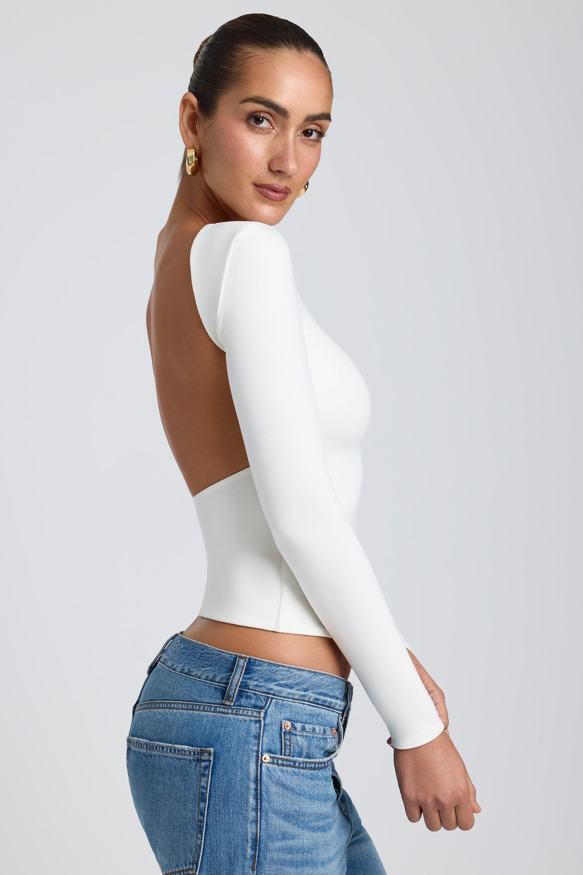 Modal High Neck Long Sleeve Open Back Top in White Product Image