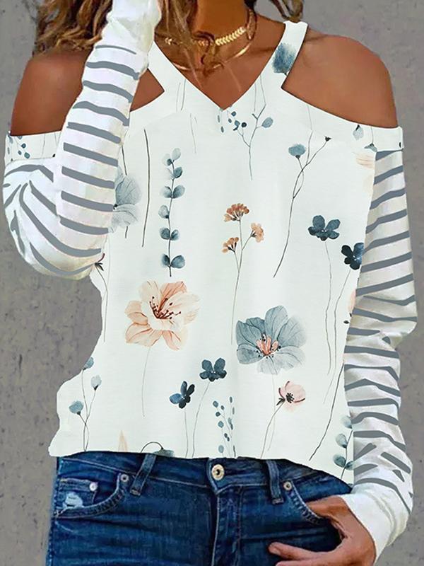 Long Sleeves Loose Flower Print Hollow Split-Joint Striped Cold Shoulder T-Shirts Tops Product Image