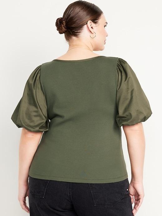 Puff-Sleeve Mixed Fabric Top Product Image