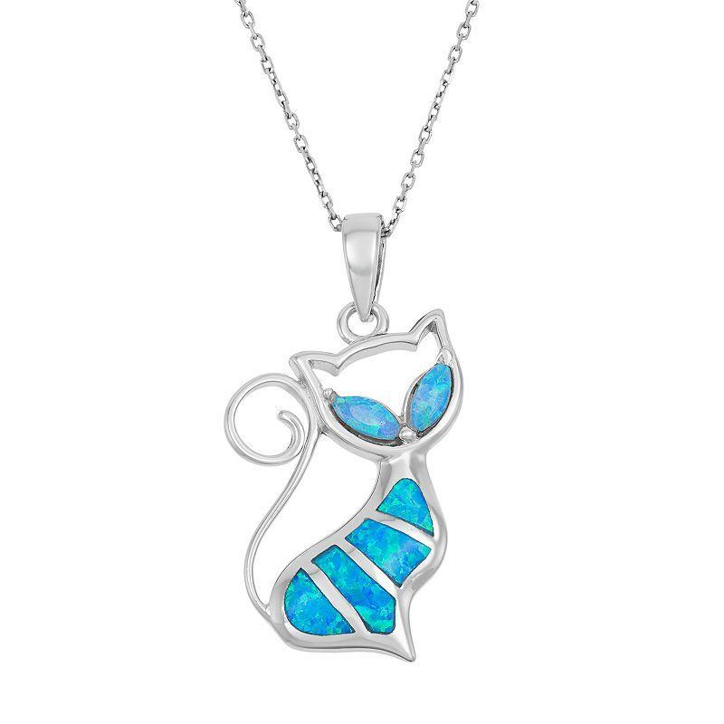 Lab-Created Blue Opal Sterling Silver Cat Pendant Necklace, Womens Product Image