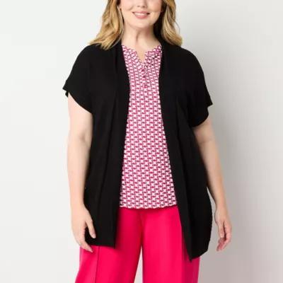 Liz Claiborne Plus Womens Short Sleeve Open Front Cardigan Product Image