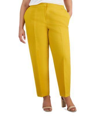 Plus Size Mid Rise Linen-Blend Straight-Leg Fly-Front Pants Product Image