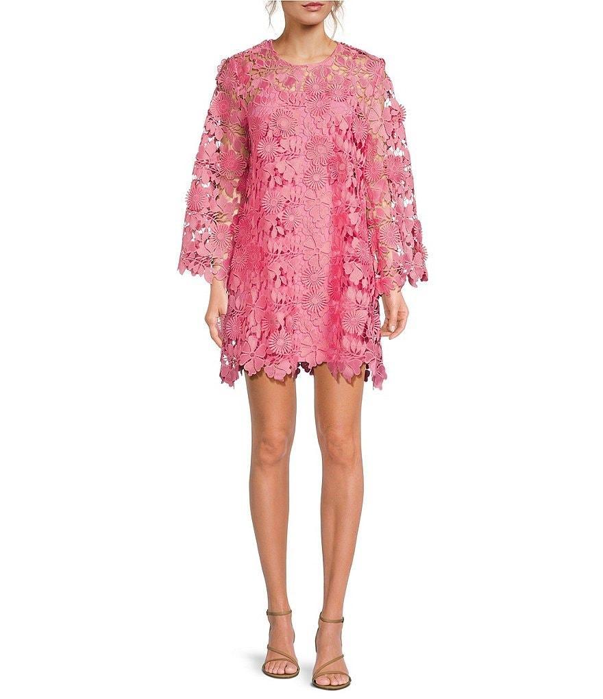 Mestiza New York Mira Floral Lace Crew Neck Bell Sleeve Shift Mini Dress Product Image