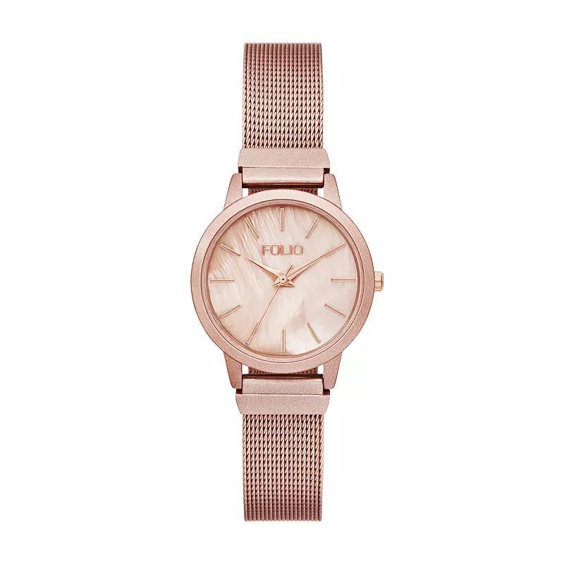 Folio Womens Mesh Mother-Of-Pearl Dial Watch, Pink Product Image