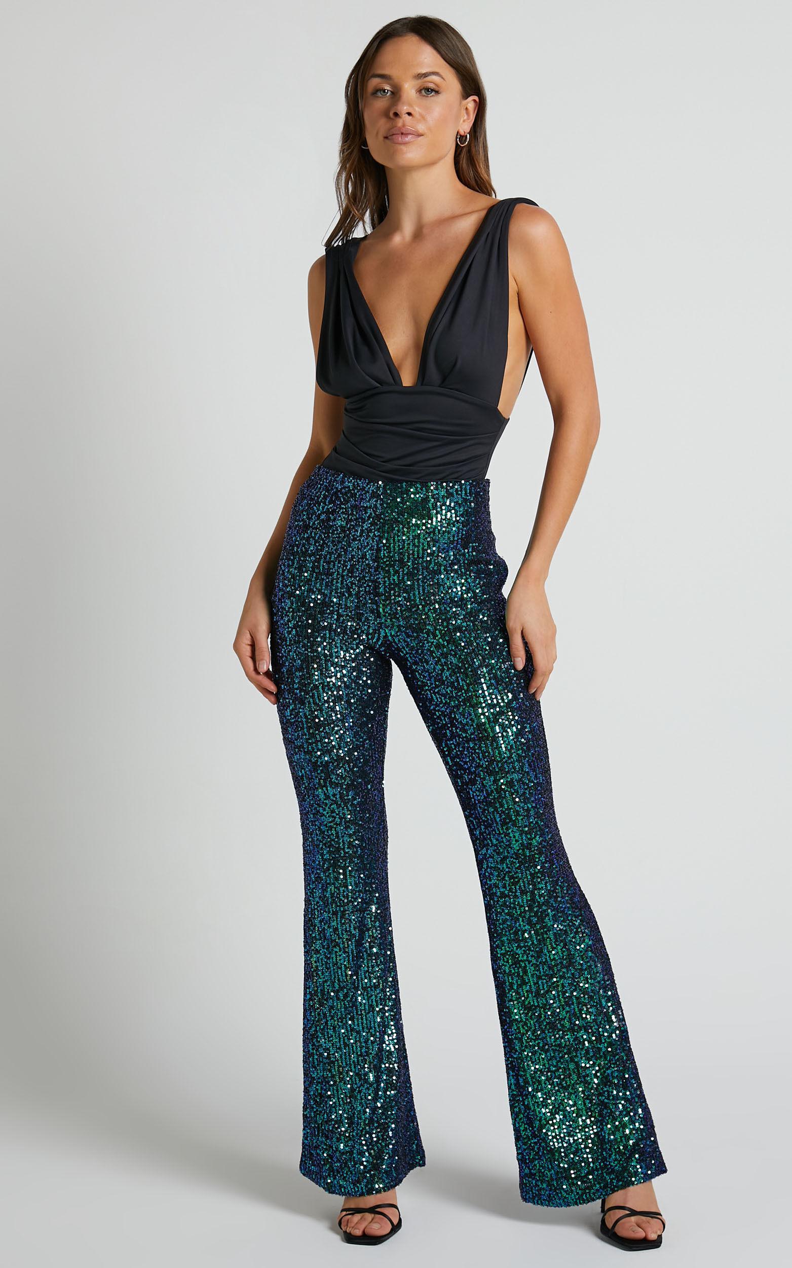 Deliza Pants - Mid Waisted Sequin Flare Pants in Mermaid Teal Product Image