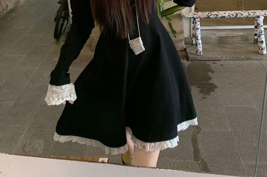 Long Sleeve Mock Two Piece Hood Panel Lace Mini A-Line Dress Product Image