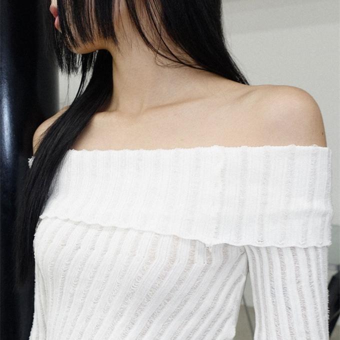 Off-Shoulder Plain Asymmetrical Ribbed Sweater Product Image