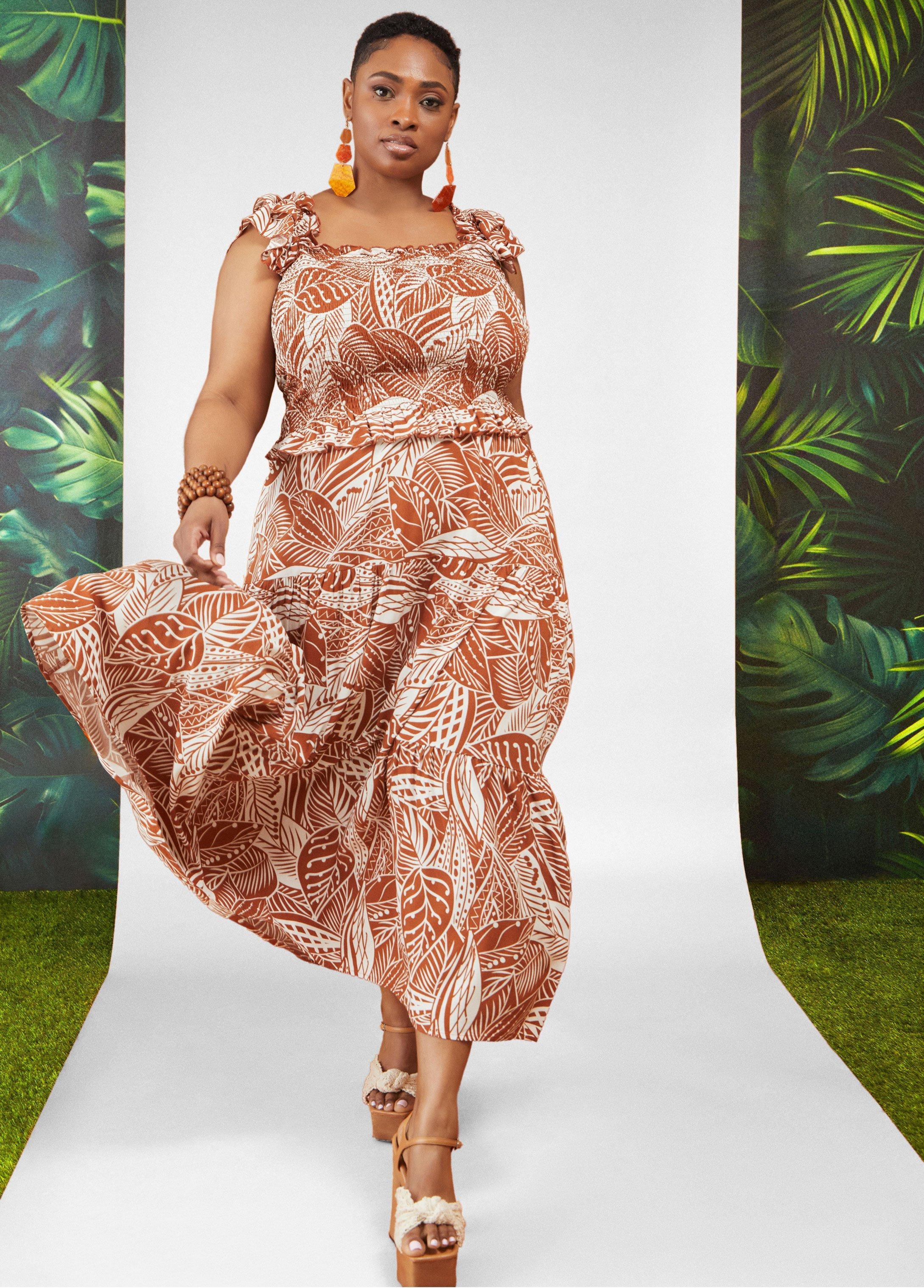 Plus Size Tiered Tropical Print Maxi Skirt, - Ashley Stewart Product Image