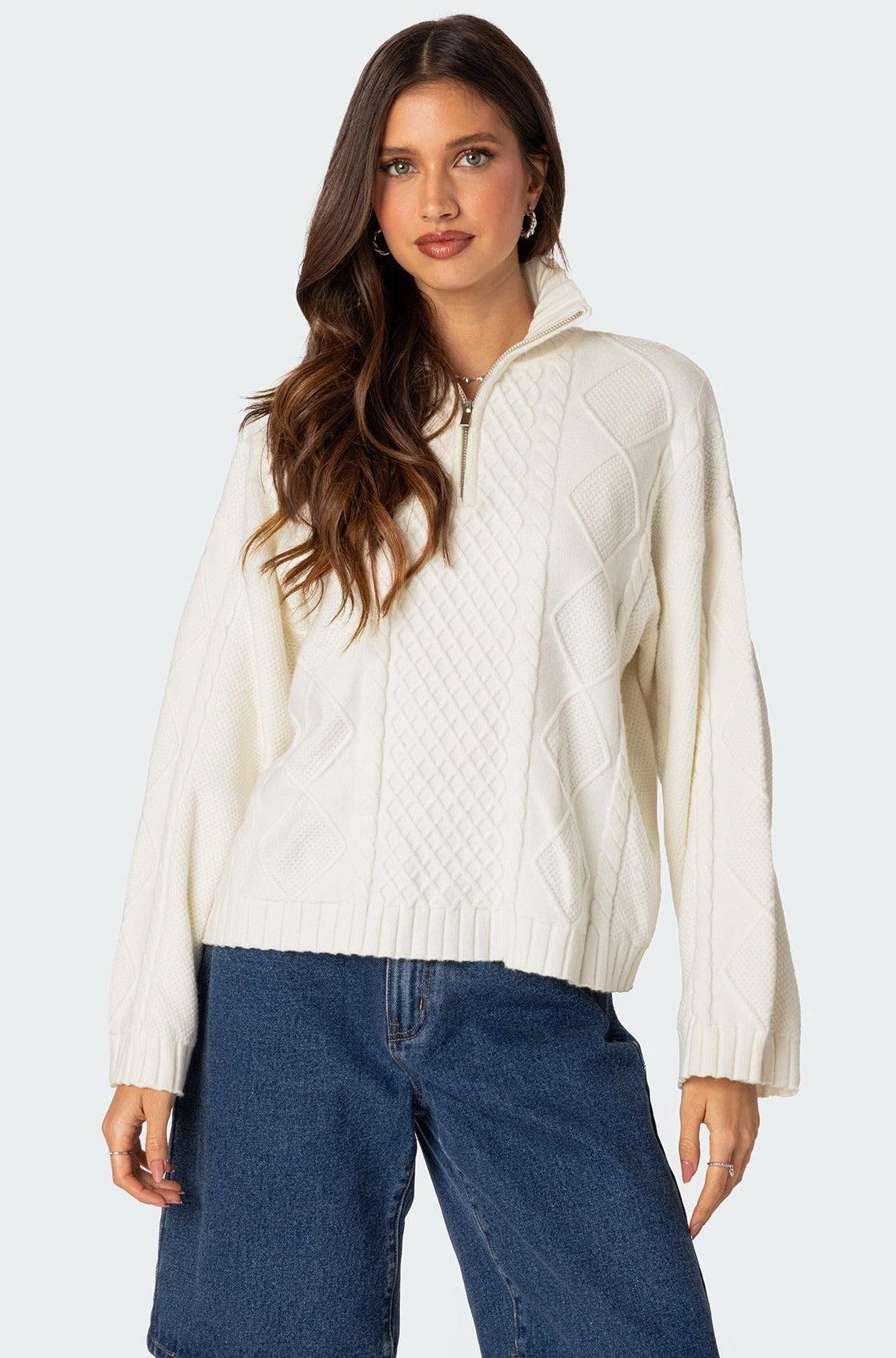 Oversized Quarter Zip Cable Knit Sweater Product Image