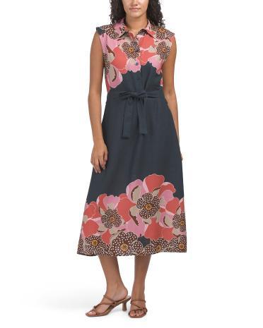 Linen Blend Floral Shirt Dress With Belt for Women Product Image